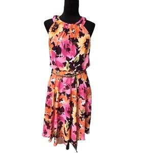 Jessica Howard Women' Floral Georgette Belted Full Zip Sleeveless Dress Size 10P